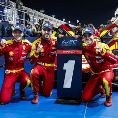 50 FUOCO Antonio (ita), MOLINA Miguel (spa), NIELSEN Nicklas (dnk), Ferrari AF Corse, Ferrari 499P #50, Hypercar, celebrating their win during the Qatar 1812 KM, 1st round of the 2025 FIA World Endurance Championship, from February 25 to 28, 2025 on the Losail International Circuit in Lusail, Qatar - Photo Julien Delfosse / DPPI