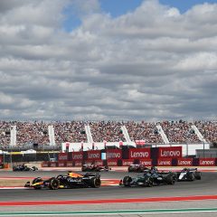 AUSTIN, TEXAS - OCTOBER 18: Max Verstappen of the Netherlands driving the (1) Oracle Red Bull Racing RB21 leads George Russell of Great Britain driving the (63) Mercedes AMG Petronas F1 Team W16 and Carlos Sainz of Spain driving the (55) Williams FW47 Mercedes on track during the Sprint ahead of the F1 Grand Prix of United States at Circuit of The Americas on October 18, 2025 in Austin, Texas. (Photo by Simon Galloway/LAT Images) // Getty Images / Red Bull Content Pool // SI202510181044 // Usage for editorial use only //