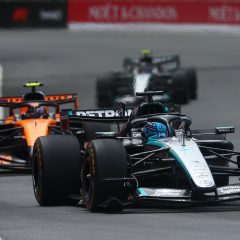 Canadian Grand Prix, Saturday, Getty Images MONTREAL, QUEBEC - MAY 23: George Russell of Great Britain driving the (63) Mercedes AMG Petronas F1 Team W17 leads Lando Norris of Great Britain driving the (1) McLaren MCL40 Mercedes on track during the Sprint ahead of the F1 Grand Prix of Canada at Circuit Gilles-Villeneuve on May 23, 2026 in Montreal, Quebec. (Photo by Clive Mason/Getty Images)