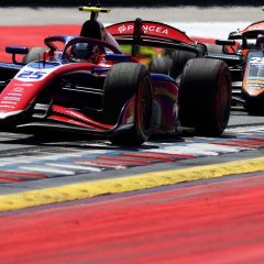 SPIELBERG, AUSTRIA - JUNE 27: John Bennett of Great Britain and Trident (25) leads Rafael Villagomez of Mexico and van Amersfoort Racing (23) on track during the Round 6 Spielberg Sprint race of the Formula 2 Championship at Red Bull Ring on June 27, 2026 in Spielberg, Austria. (Photo by Clive Mason/Getty Images)