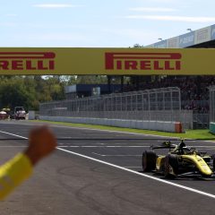 MONZA, ITALY - SEPTEMBER 05: Race winner Joshua Durksen of Paraguay and Invicta Racing (2) takes the chequered flag during the Round 10 Monza Sprint race of the Formula 2 Championship at Autodromo Nazionale Monza on September 05, 2026 in Monza, Italy. (Photo by Dom Gibbons - Formula 1/Formula 1 via Getty Images)
